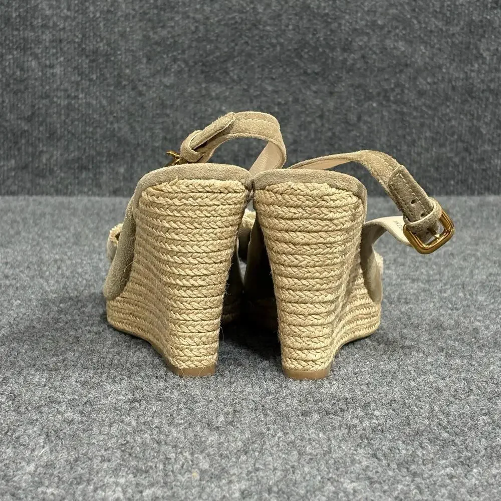 Prada Wedge Sandals Womens 5.5 Beige Espadrille Bow Peep Toe Suede Canvas